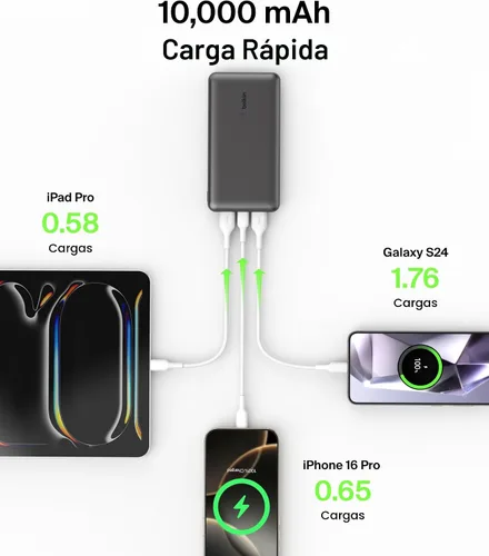Miniatura 4 de Belkin Cargador Portátil - Paquete de Batería de Banco de Energía de 3 Puertos de 15W con Batería de 10000mAh - Carga Rápida para iPhone, Teléfono
