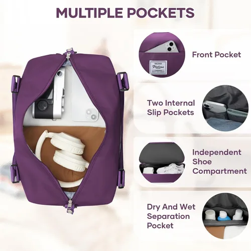 Miniatura 4 de VECAVE Bolsa de viaje para mujer, bolsa deportiva para gimnasio, E20-Púrpura profundo, Grande, Bolsa de viaje