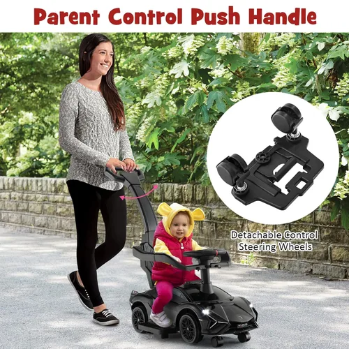 Miniatura 4 de INFANS 3 en 1 Coche de Paseo para Empujar, Silla de Paseo Licenciada Lamborghini para Bebés con Coche de Paseo Deslizante, Bocina, Música, USB, Negro