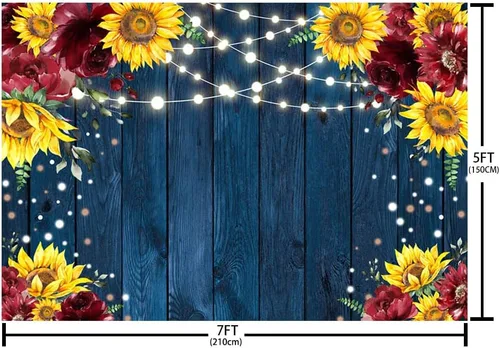 Miniatura 4 de MEHOFOND Telón de fondo de girasol azul marino burdeos para bodas, fiestas, cumpleaños, suministros de suministros de pancartas de madera rústica