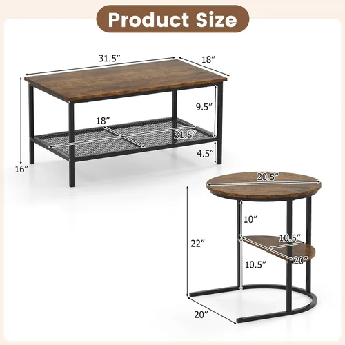Miniatura 2 de Giantex Juego de 2 mesas auxiliares anidadas, mesa rectangular desmontable y mesa redonda con veta de madera, marco de metal dorado resistente, mesa
