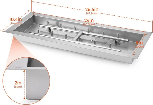 Miniatura 2 de Stanbroil Bandeja Quemador de Chorro Rectangular Mejorada para Hoguera de 24" x 8", Acero Inoxidable 304 Gas Natural y Propano para Hoguera