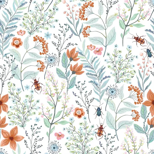 VEELIKE Papel tapiz floral de escarabajos azules y naranjas para cuarto de bebé, baño, 17.7 x 354 pulgadas, autoadhesivo, extraíble, botánico, papel