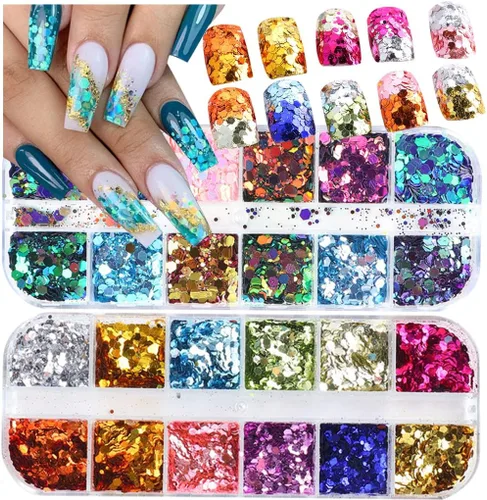 2 cajas de 24 colores camaleón holográfico con purpurina de sirena, arte de uñas, lentejuelas, copos 3D, degradado láser, diseño de purpurina para
