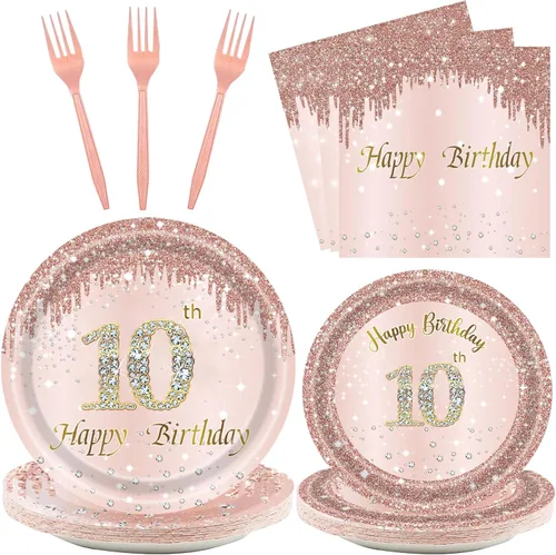 Juego de 24 platos y servilletas, tenedores, suministros de fiesta de cumpleaños para niñas de 10 años de edad, desechables, color oro rosa, 24