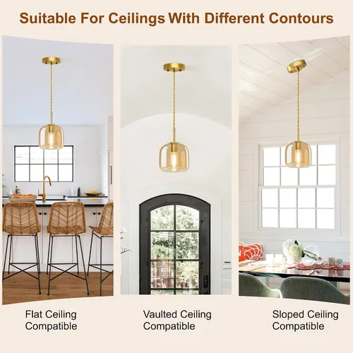 Miniatura 4 de Luces Colgantes de Isla de Cocina - Luz Colgante Dorada, Luces Colgantes de Latón Estilo Granja con Pantalla de Vidrio Ámbar, Luz Colgante Ajustable