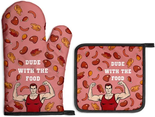 Miniatura 13 de Always Use Protection - Juego de guantes de horno y soportes para ollas, divertidos guantes de cocina retro para panaderos, regalos de inauguración