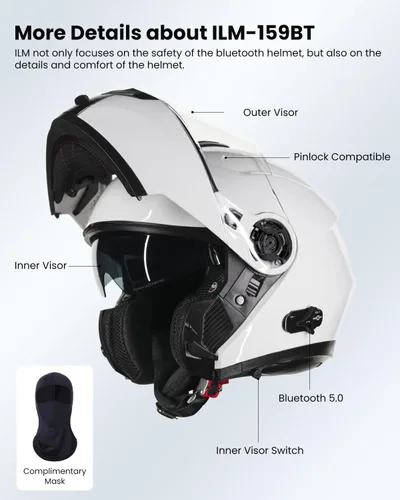 Miniatura 6 de ILM 159BT - Casco modular de motocicleta con Bluetooth, para 2-3 conductores, intercomunicador, cara completa, casco abatible DOT con máscara facial