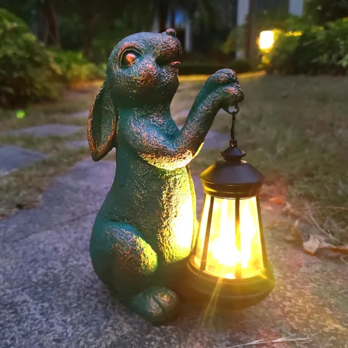 Miniatura 8 de JOYBEE - Estatuas de jardín de conejo con linterna solar para decoración al aire libre, figuras solares de conejo, decoraciones de luces para patio