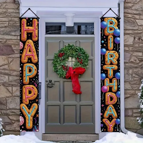Miniatura 4 de Cartel decorativo de feliz cumpleaños de 12 x 71 pulgadas, bonito cartel colgante para puerta de cumpleaños, suministros de fiesta coloridos