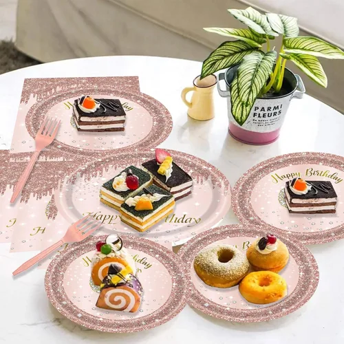 Miniatura 6 de 24 juegos de decoración de fiesta de cumpleaños número 13 de oro rosa para niñas, platos y servilletas para el cumpleaños número 13, tenedores