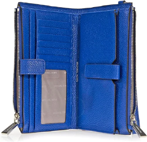 Miniatura 4 de Michael Kors Adele Doble -cremallera Cuero Teléfono Pulsera En Vintage Azul Cartera Nuevo