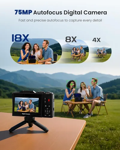 Miniatura 3 de Cámara digital 5K para fotografía – Cámara de vlogging de enfoque automático de 75 MP con tarjeta SD de 64 GB, WiFi, zoom de 18X, pantalla abatible