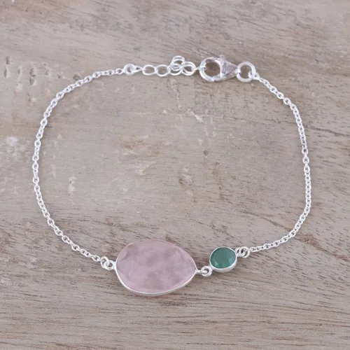 Miniatura 4 de NOVICA Pulsera de cadena de plata de ley 925 de cuarzo rosa, 7.0in, cristal brillante