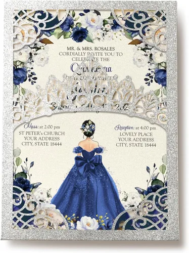 Miniatura 14 de 50 invitaciones de quinceañera con corona negra perlada cortada con láser Invitaciones de cumpleaños florales burdeos para Sweet 16/Miss XV