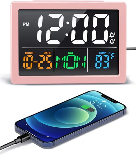 Miniatura 9 de Reloj despertador digital, con pantalla LED grande de 5.5", volumen de alarma ajustable, 6 niveles de brillo, ajustes de alarma, cargador USB