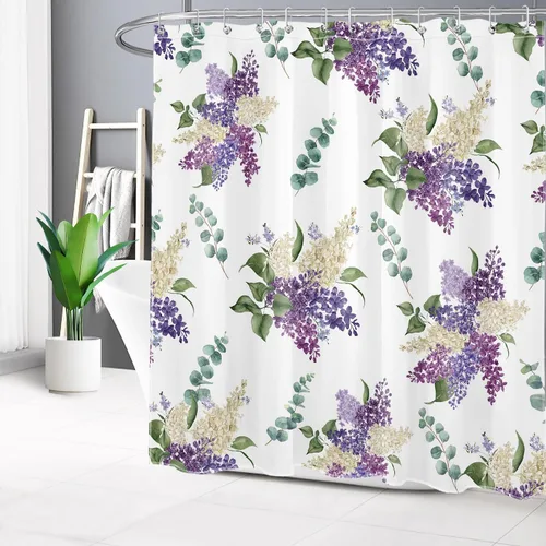 Miniatura 19 de EOBTAIN Cortina de ducha floral púrpura para baño, flores de acuarela y hojas de eucalipto verde sobre beige, cortina de ducha con 10 ganchos, juego