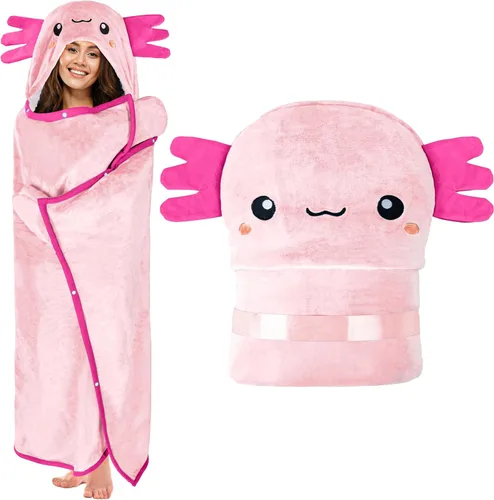 Miniatura 10 de Axolotl - Manta con capucha para adultos, súper suave, cálida y acogedora manta de franela de vellón y sherpa con capucha - Regalos de ajolote