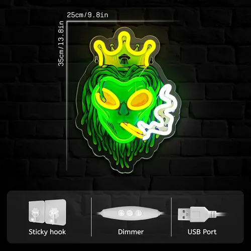Miniatura 2 de Letreros de neón de alienígena verde con luces LED, luces de neón LED de alienígena fumador con corona, luces de neón LED de alienígena con corona