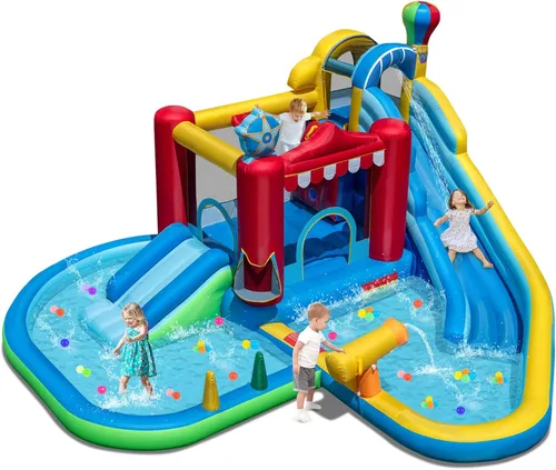 Miniatura 10 de HONEY JOY Tobogán acuático inflable, casa de rebote de tobogán acuático 9 en 1 con piscina de salpicaduras, tobogán largo, pozo de bolas con 50