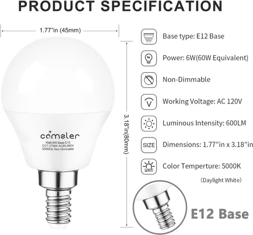 Miniatura 7 de comzler Bombillas LED para ventilador de techo, bombilla LED A15, equivalente a 60 W, bombillas de base de candelabro E12, luz diurna 5000 K, 600