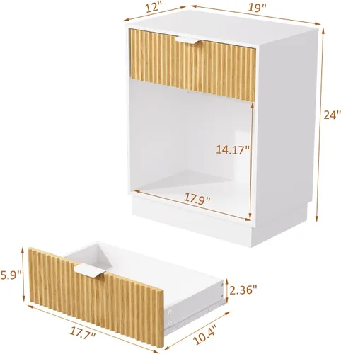 Miniatura 2 de Juego de 2 mesitas de noche acanaladas, mesita de noche de madera con cajón y estante abierto, mesa auxiliar de mediados de siglo para sala