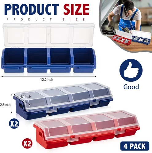 Miniatura 2 de Hushee Caja organizadora de tornillos de 4 piezas con tapa, 4 compartimentos, separador de contenedores de herramientas, organizador de hardware