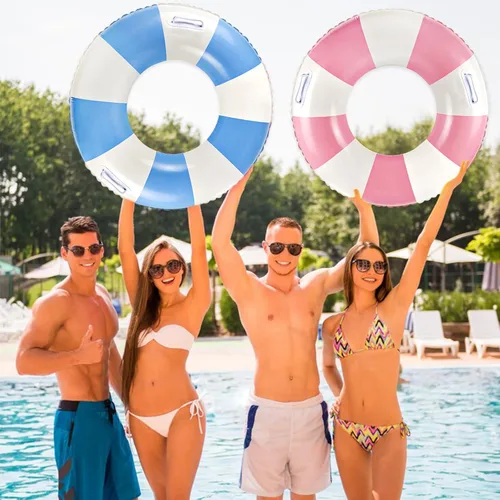 Miniatura 6 de Flotadores clásicos de piscina a rayas con asa, tubos inflables de rayas azules y blancas para anillos de natación grandes flotantes para adultos