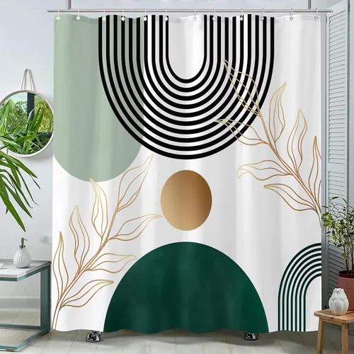 Miniatura 10 de Aipon Cortina de ducha verde de mediados de siglo para baño, cortina de ducha abstracta de estilo bohemio, de tela moderna, impermeable, para baño