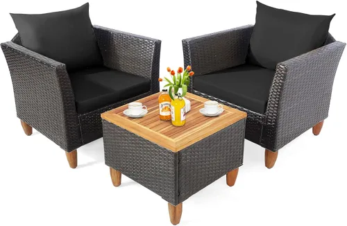 Tangkula Patiojoy Juego de muebles de patio de 3 piezas, juego de bistró de mimbre de polietileno para exteriores con cojines suaves y madera de