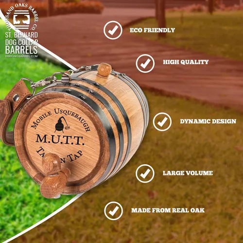 Miniatura 4 de St Bernard - Collar de barril de whisky para perro, 'M.U.T.T.' - Dispensador de barril de roble de 1/2 litro para perros San Bernardo con correa