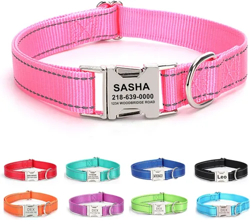 Collar de perro personalizado con etiqueta de nombre, collar de nailon reflectante para mascotas, collares de perro con hebilla grabada Rosa