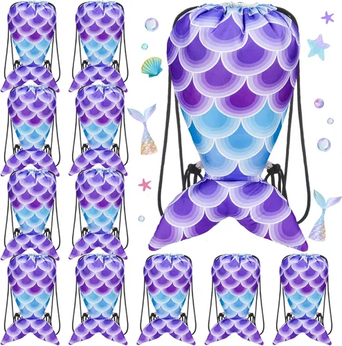 12 bolsas de regalo de sirena para fiesta, mochila con cordón de sirena, bolsas de tela de regalo, color morado y azul, degradado, bolsa de playa de