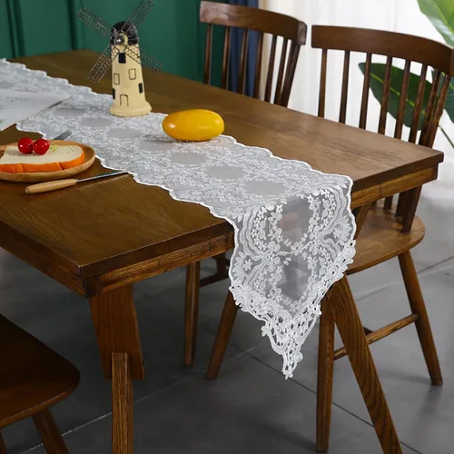 Miniatura 6 de Hsvanyr Camino de mesa de encaje blanco bordado pequeño bufanda clásica rectangular macramé mesa decoración de tocador 12 pulgadas x 27 pulgadas