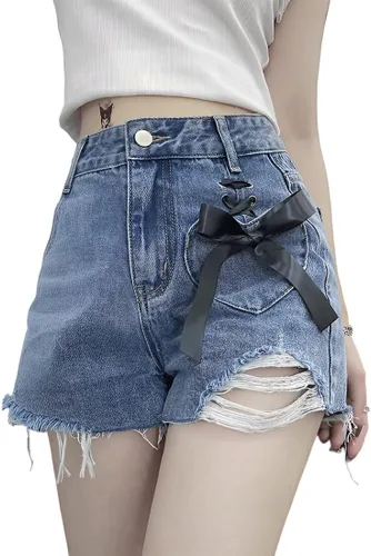 ZLMuMulin Y2K Harajuku Style Kawaii Pastel Gothic Fashion High Waist Wide Leg Vintage Ribbon Ripped Jeans Shorts