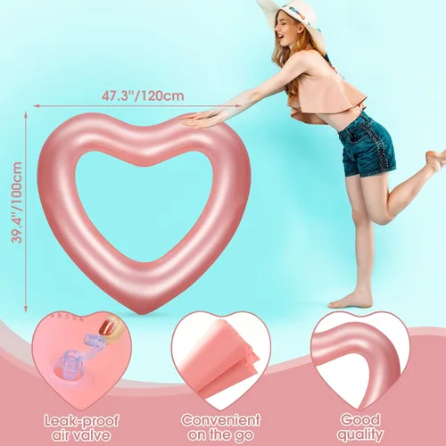 Miniatura 3 de Zhanmai 3 Pcs Inflatable Heart Pool Float 47.3 x 39.4 Inch Swim Heart Shaped Pool Rings for Adults Water Floatie Summer Swimming Tube for Beach Oro