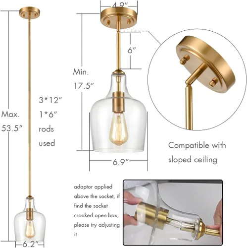 Miniatura 3 de JEENKAE Iluminación Colgante Moderna de Latón y Vidrio para Cocina con Varilla, Lámpara Colgante Dorada, 1 Luz-1