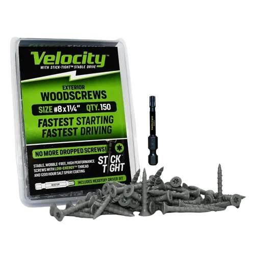 Miniatura 8 de Velocity - Tornillos para madera exteriores 1 1/2 y puntas Torx T20 (talla #8), tecnología adherente, fabricado con acero al carbono, incluye broca