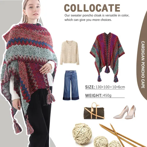 Miniatura 17 de Capa tipo poncho de punto para mujer, cárdigan de punto con flecos para otoño e invierno