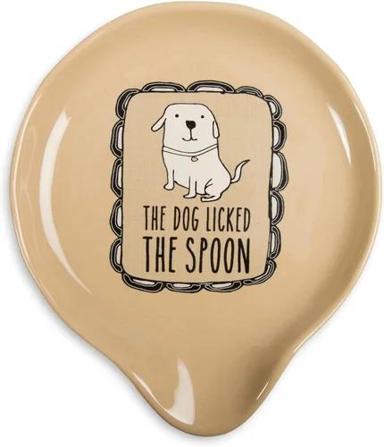 Pavilion Gift Company It's Cats & Dogs - Soporte para cuchara de cerámica marrón con texto en inglés "The Dog Licked The Spoon", tamaño pequeño,