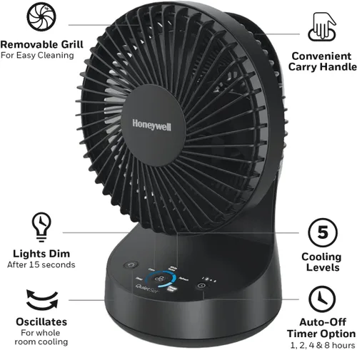 Miniatura 4 de Honeywell QuietSet 5 Ventilador de mesa oscilante, negro, ventilador personal y pequeño con funcionamiento silencioso y 5 niveles de potencia