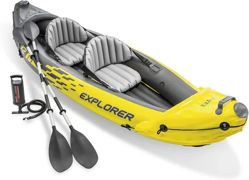 Intex 68307EP Explorer K2 Juego de kayak inflable: incluye remos de aluminio de lujo de 86 pulgadas y bomba de alto rendimiento - PVC superfuerte -