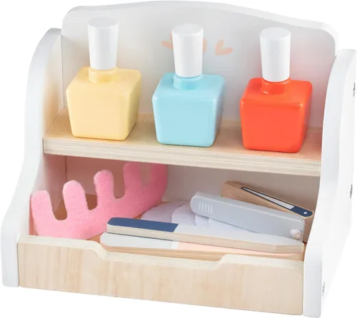 Miniatura 6 de Juego de madera para salón de uñas de simulación, juego completo Glam & Glow incluye esmaltes de uñas, organizador de belleza, lima, silla secadora