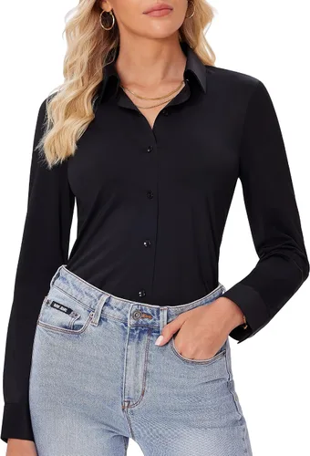 siliteelon Camisas con botones para mujer, ajustadas, de manga larga, elásticas, de vestir, camisas de trabajo, sin arrugas, blusas de oficina