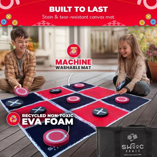 Miniatura 3 de Swooc Games® - Juego Vintage Gigante de Damas y Tres en Raya 2 en 1 con Tapete (3 pies x 3 pies) - Lona 100% Lavable a Máquina - Juegos Gigantes al