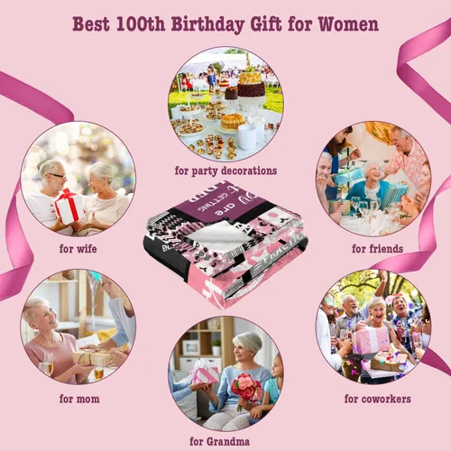Miniatura 7 de Ivivis Regalos de 100º Cumpleaños para Mujeres Manta 60"x50", Suministros de Decoraciones para Fiesta de 100º Cumpleaños, Regalos de Feliz 100º