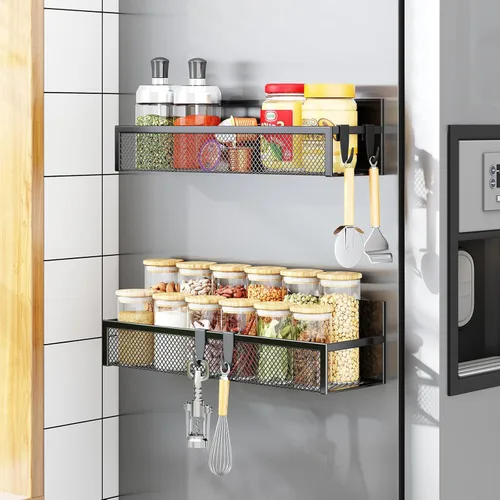 Miniatura 8 de Aufworld Estante magnético para especias para refrigerador, paquete de 2 estantes magnéticos, organizador magnético para refrigerador con 4 ganchos