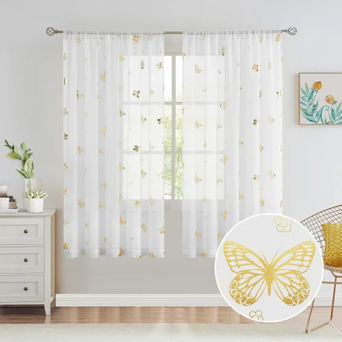 Miniatura 27 de Jubilantex Paneles de cortinas transparentes de mariposas negras y doradas de 52 pulgadas de ancho para dormitorio de niñas, elegantes cortinas