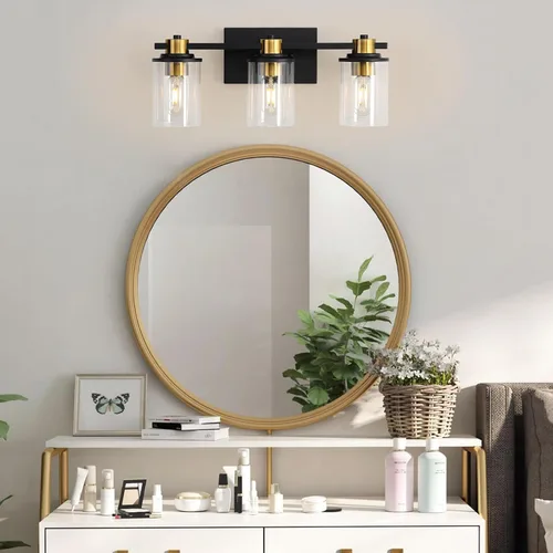Miniatura 3 de LOUSACE Lámpara de baño negra y dorada, 3 luces de tocador de baño, moderna luz de baño sobre espejo con pantallas de vidrio transparente, enchufe