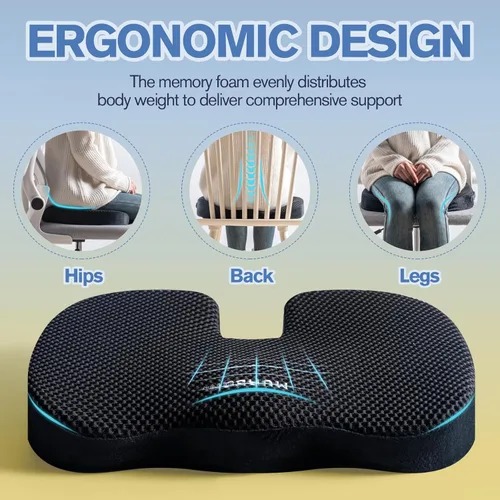 Miniatura 4 de Mureon Cojín para silla de oficina, cojín ergonómico grande de espuma viscoelástica para aliviar la presión de espalda y cadera, cojín de asiento